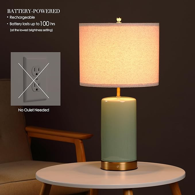 O’Bright Dune - Battery Powered Table Lamp, Rechargeable Cordless Ceramic Lamp, Full-Size 24 Inch Height, 4-Level Dimming, Smart Safety Protection, Type-C Fast Charging, LED Bulb Included, Sage Green
