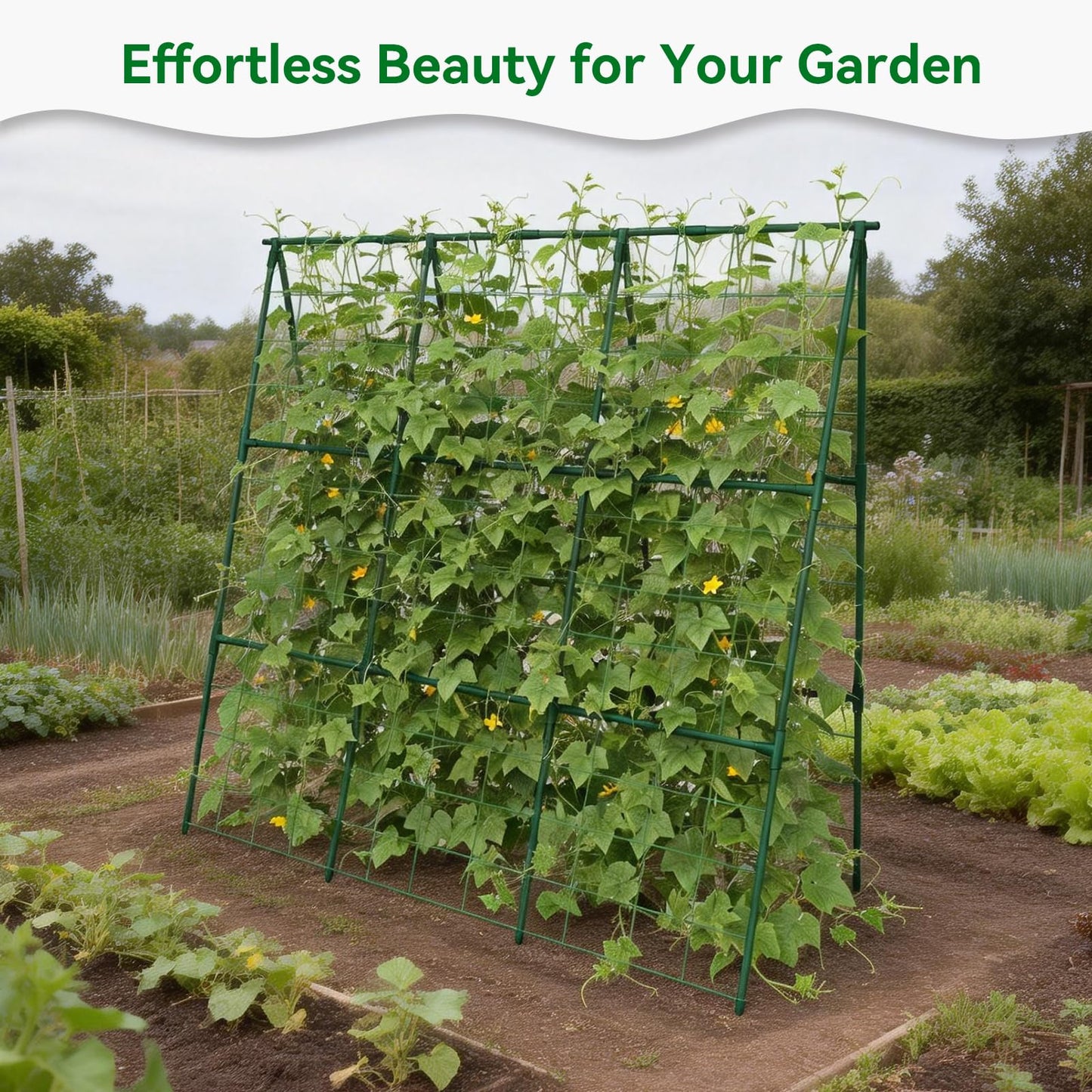 Trellume Cucumber Trellis - 49.4"*49.4" Metal Garden Trellis for Climbing Plants, Garden Trellis with Plastic-Coated Steel Pipe, A Frame Trellis for Cucumbers, Peas, Morning Glories(Green)