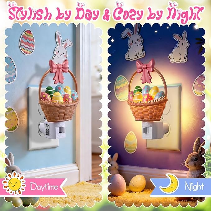 Easter Basket Egg Decorative Nightlight, Easter Cute Resin Plug in Light, 3D Egg Bow Basket Lamp Spring Indoor Bedroom Bathroom Home Decor Lighting Gifts for Kids, Holiday Lamp by C7 LED Bulb