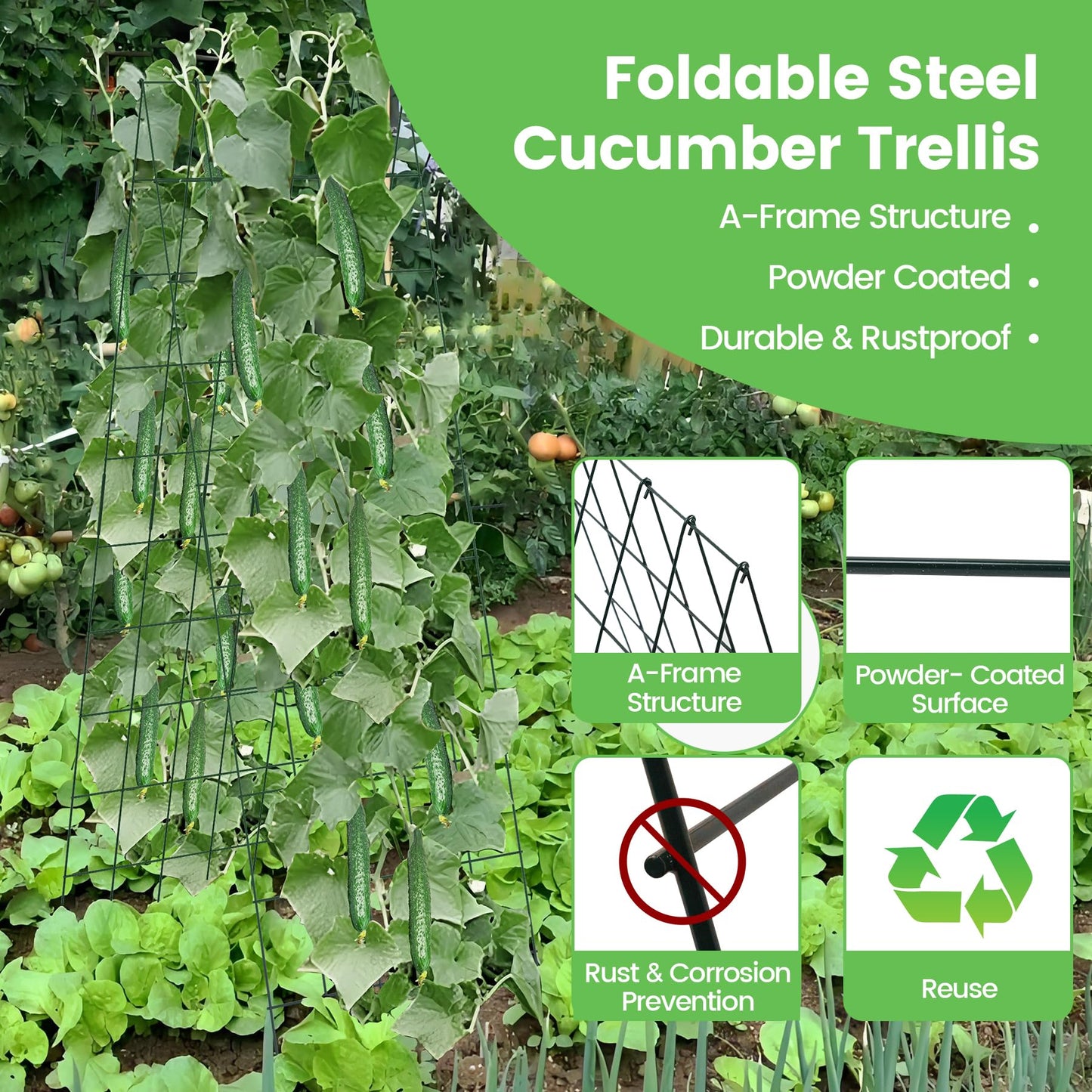 Toriexon Foldable Cucumber Trellis 64" H x 20" W - 2 Pack, A-Frame Garden Trellis for Raised Bed, with Twist Ties & Plant Bags for Climbing Plants Outdoor