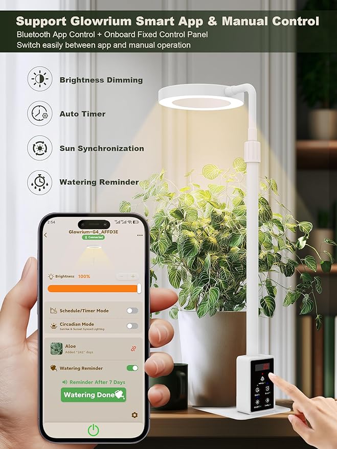 GLOWRIUM Smart LED Grow Lights for Indoor Plants G4, 12W Full Spectrum 3500K with Grow lamp, Bluetooth App Control, 10-Level Dimming, Gooseneck, Height Adjustable 16"-23", Auto Timer, (White 12W)