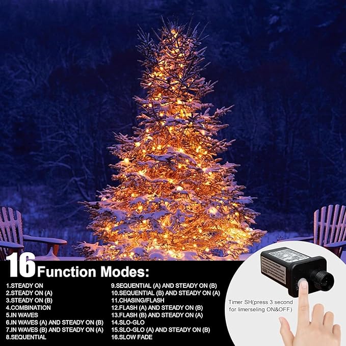 LAMPHOME 33ft Golden Christmas Decorative Mini Lights, 100 LED Transparent Wire Fairy Starry String Lights Plug in, 16 Lighting Modes, for Indoor Outdoor Xmas Tree Wedding Party Decoration (Yellow)