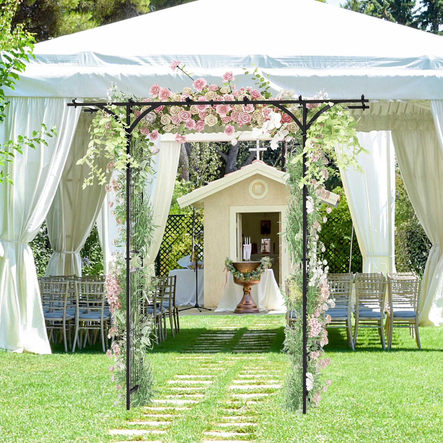 S AFSTAR Garden Arch Trellis Pergola, 6.8 FT Outdoor Metal Arbor w/Extended Top, 4 Ground Stakes, Plant Support Trellis for Climbing Plant Vine Rose, Garden Arbour Archway for Wedding Ceremony Party