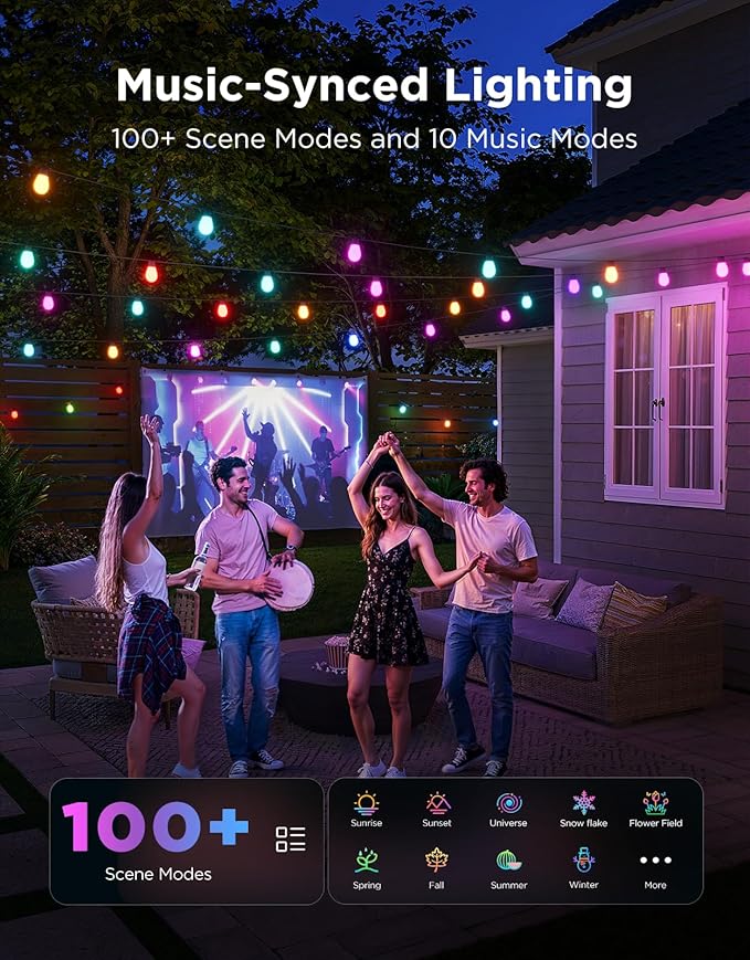 Govee S14 Bulb Outdoor String Lights 2, 144ft RGBIC Smart Warm White Outdoor Lights with 15 LED Bulbs, 111 Scene Modes for Outdoor Decor, IP66 Compatible with Alexa, Google, Matter, APP Control