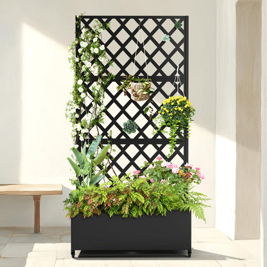 Metal Raised Garden Bed with Diamond Lattice Trellis, Outdoor Planter Box for Climbing Plants Vegetables Vines, Galvanized Garden Box with Drainage Holes and Wheels, Black (35.4"L x 16.7"W x 73.2"H)