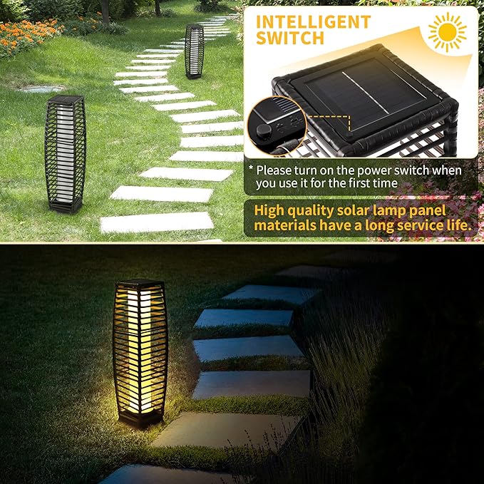Solar Powered Outdoor Floor, 2 Piece Solar Outdoor Floor Lamps Lanterns Waterproof, Resin Wicker Weather-Resistant Rattan Deck Light for Patio, Lawn, Porch, Garden