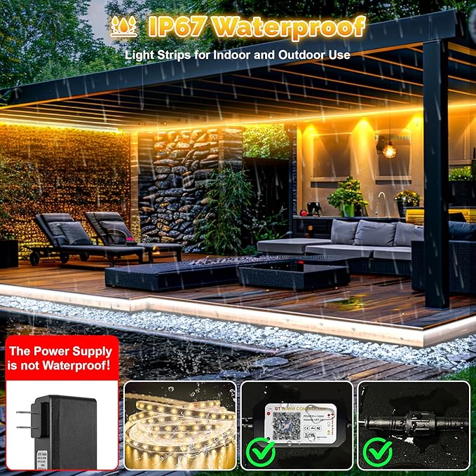 Outdoor LED Strip Lights Waterproof IP67, Dimmable 3000K-6500K Warm White LED Rope Lights Outdoor Waterproof with Remote & APP, 24v Adhesive Exterior Lighting for Patio, Deck, Gazebo (100FT)