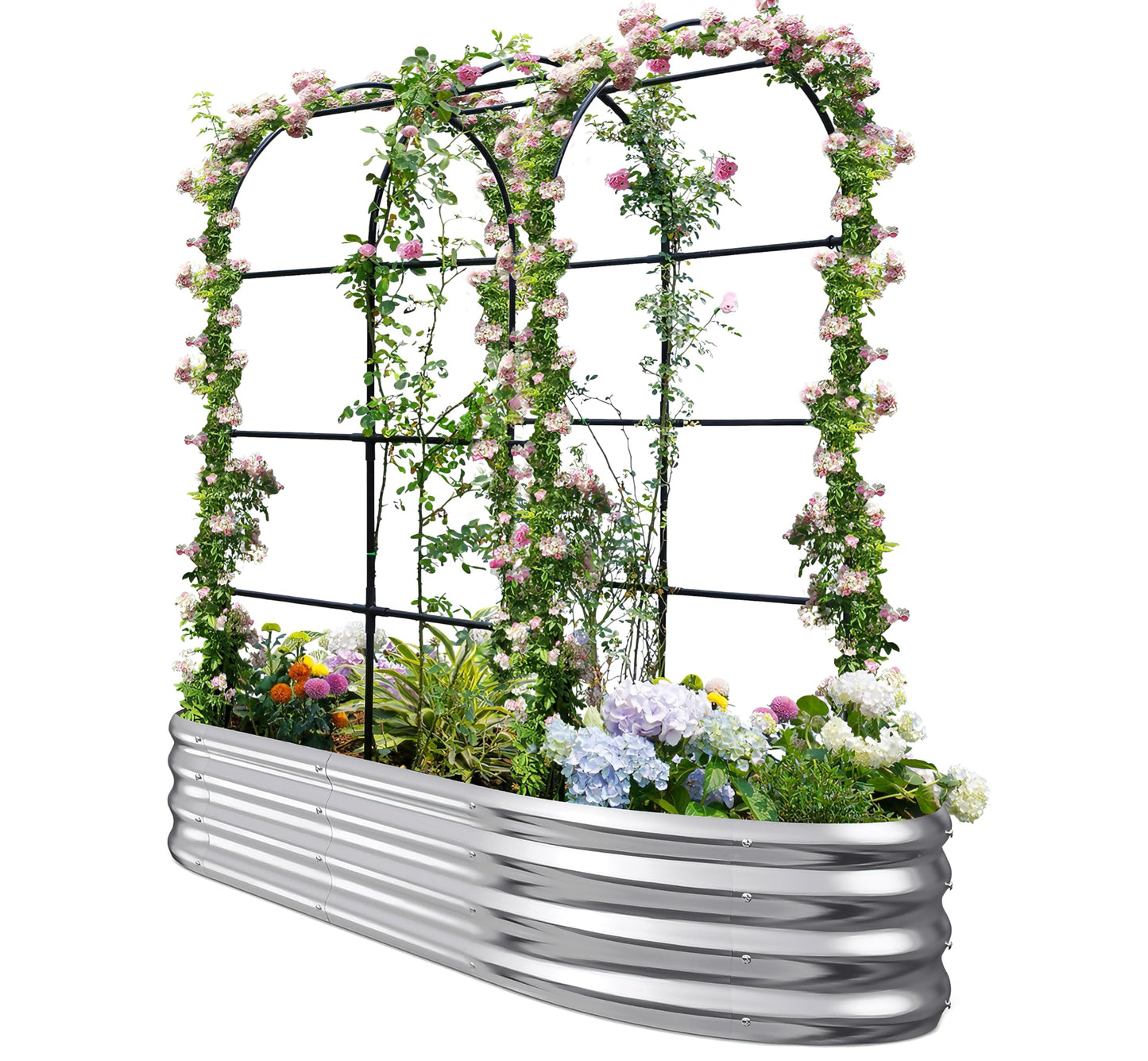 KING BIRD Raised Garden Bed with Arched Trellis Galvanized Planter Garden Box Outdoor for Gardening, Climbing Vegetables, Flowers 5.9x2.95x0.98 Ft, Silver