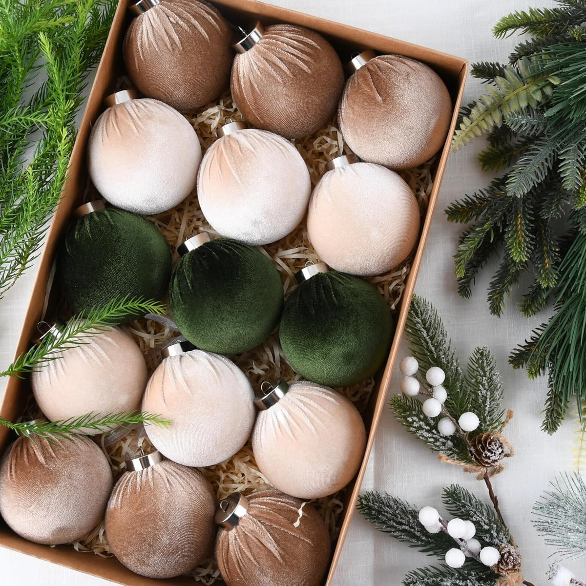 Skiennix Christmas Tree Ornaments - Velvet Shatterproof Balls Set of 15 - Multicolor Green, Brown, Neutral, 80mm