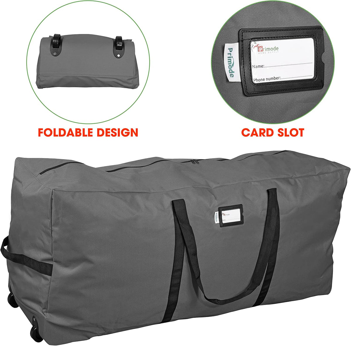 Primode Rolling Tree Storage Bag - Heavy Duty Container with Wheels | Fits Up to 7.5 Ft Holiday Tree, Gray
