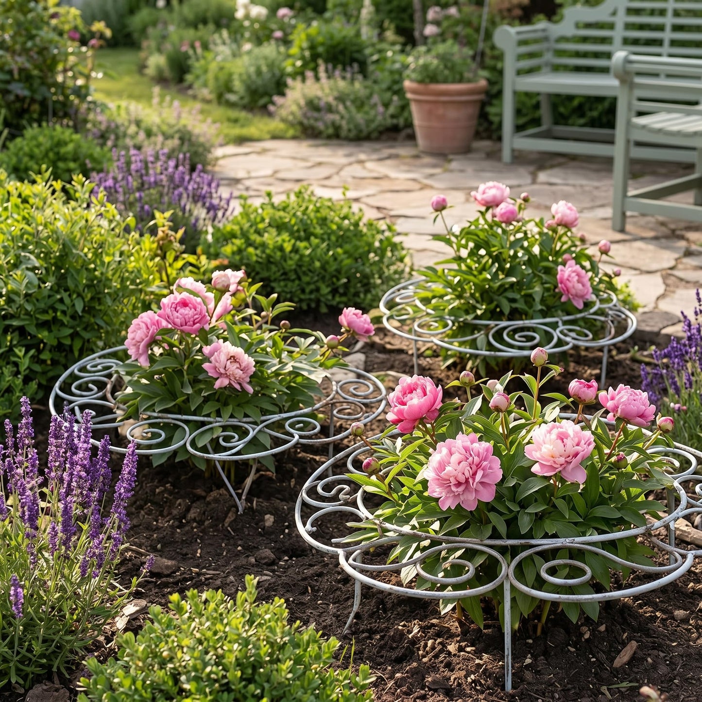 Peony Cages and Supports–Heavy Duty Metal Plant Support Ring for Garden, Grow Through Plant Support Stakes for Roses Hydrangeas, Outdoor Flower Cage with Weather-Resistant Iron Frame (2 Pcs Large)