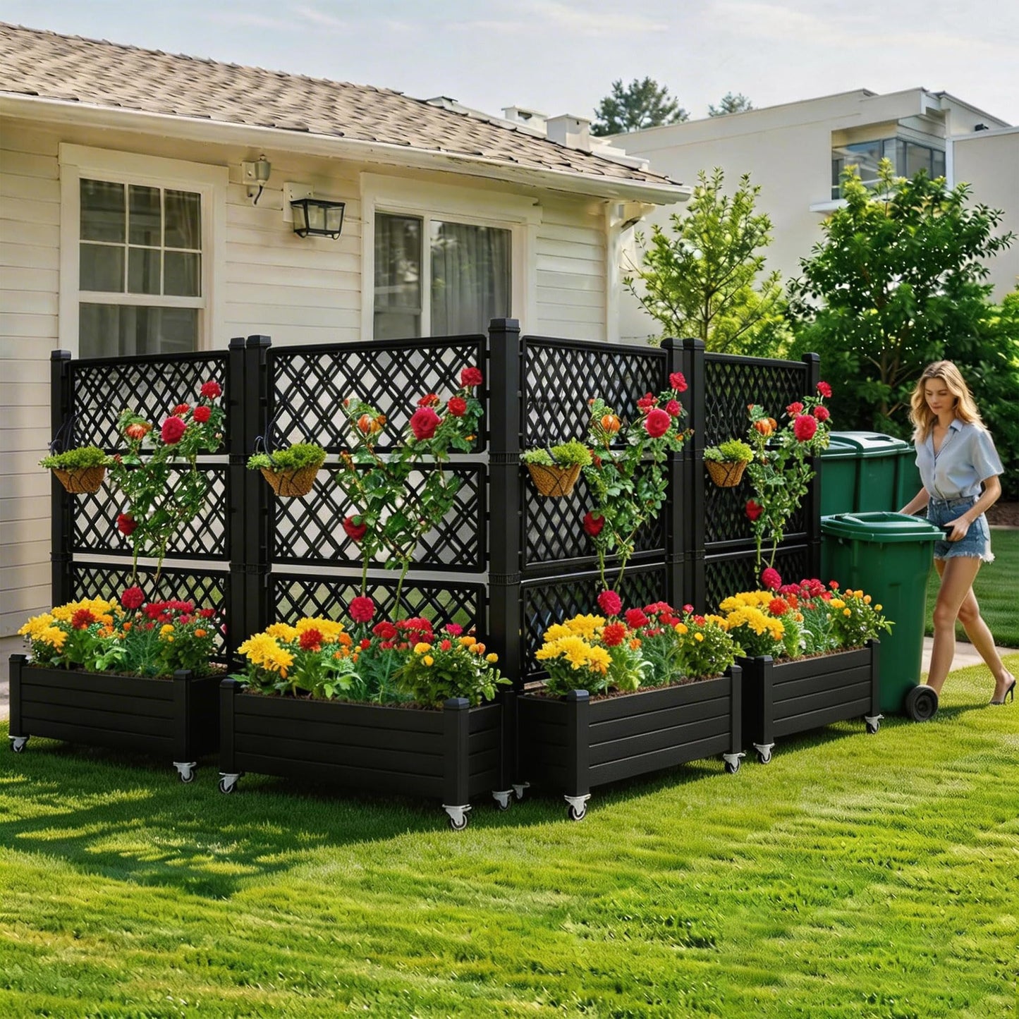 YITAHOME 43.3x17.7x61 in Planter Boxes Outdoor with Trellis 2pcs Resin Raised Garden Bed with Wheels & Drain Plug for Climbing Plants, Weather-Resistant Outdoor Privacy Screen, Black