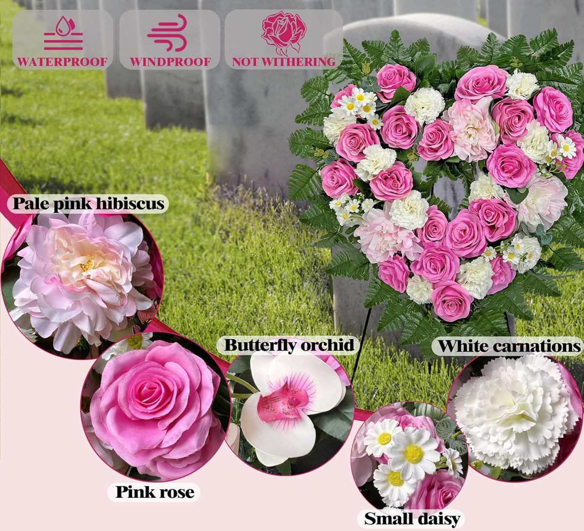 MUVIC Cemetery Flower Wreath - Elegant Heart-Shaped Memorial Floral Arrangement | 27-Inch Pink Hibiscus, Rose, Carnation, Daisy