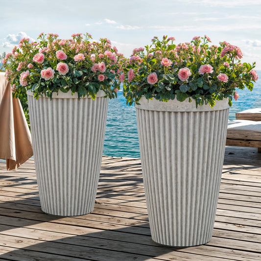 Autodaya 20" Tall Planters Set of 2, High-Density Resin Fluted Outdoor Pots for Plants, Versatile Indoor/Outdoor Flower Pots w/Drainage Holes for Patio, Garden, Porch & Living Room Decor, Ideal Gift