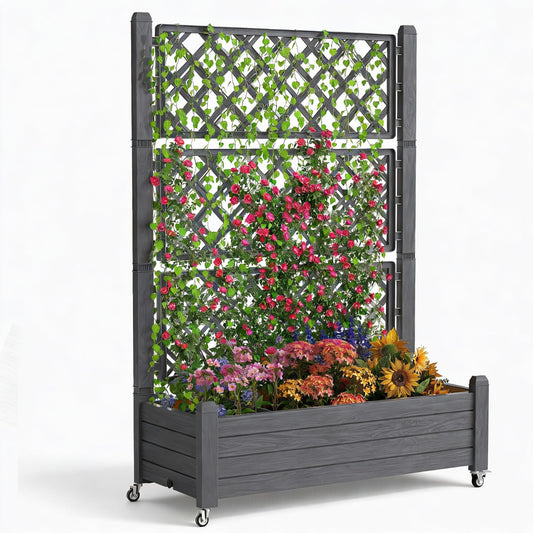 GYMHILL Elevated Raised Garden Bed with Trellis, 21 Gallon Self-Watering Outdoor Resin Planter Box with Lockable Wheels Drain Plug & Water Monitor for Plants Vegetables Flowers Fruits (Black)