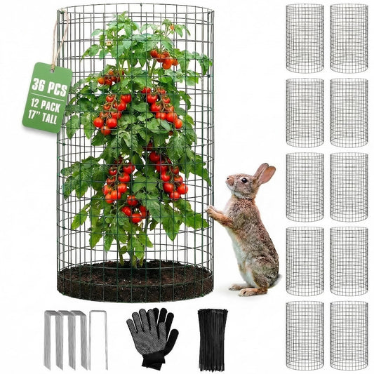 12 Pack 17" x 12" Tall Round Plant Cage - 36PCS Plant Support Cage Metal Wire Mesh Plant Protector for Outdoor Gardening Supplies Garden Protection Rabbits Chickens Ducks for Vegetables Flowers Shrubs