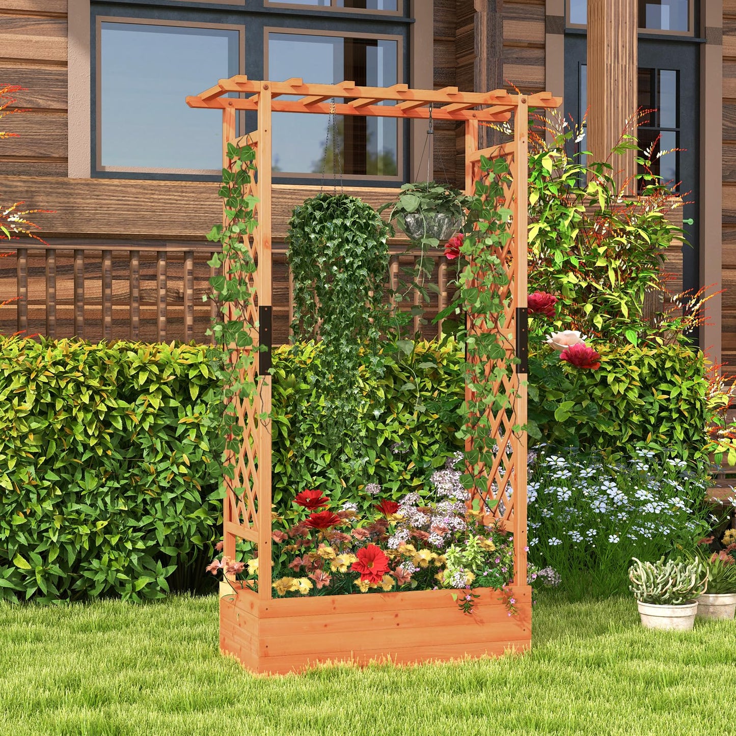 LDAILY Raised Garden Bed with Trellis, Above Ground Garden Bed with Hanging Roof, Side Trellis, & 4 Drainage Holes, Planter Box for Outdoor Climbing Plants Vines Flowers (1, 43.5"L x 17.5"W x 72"H)