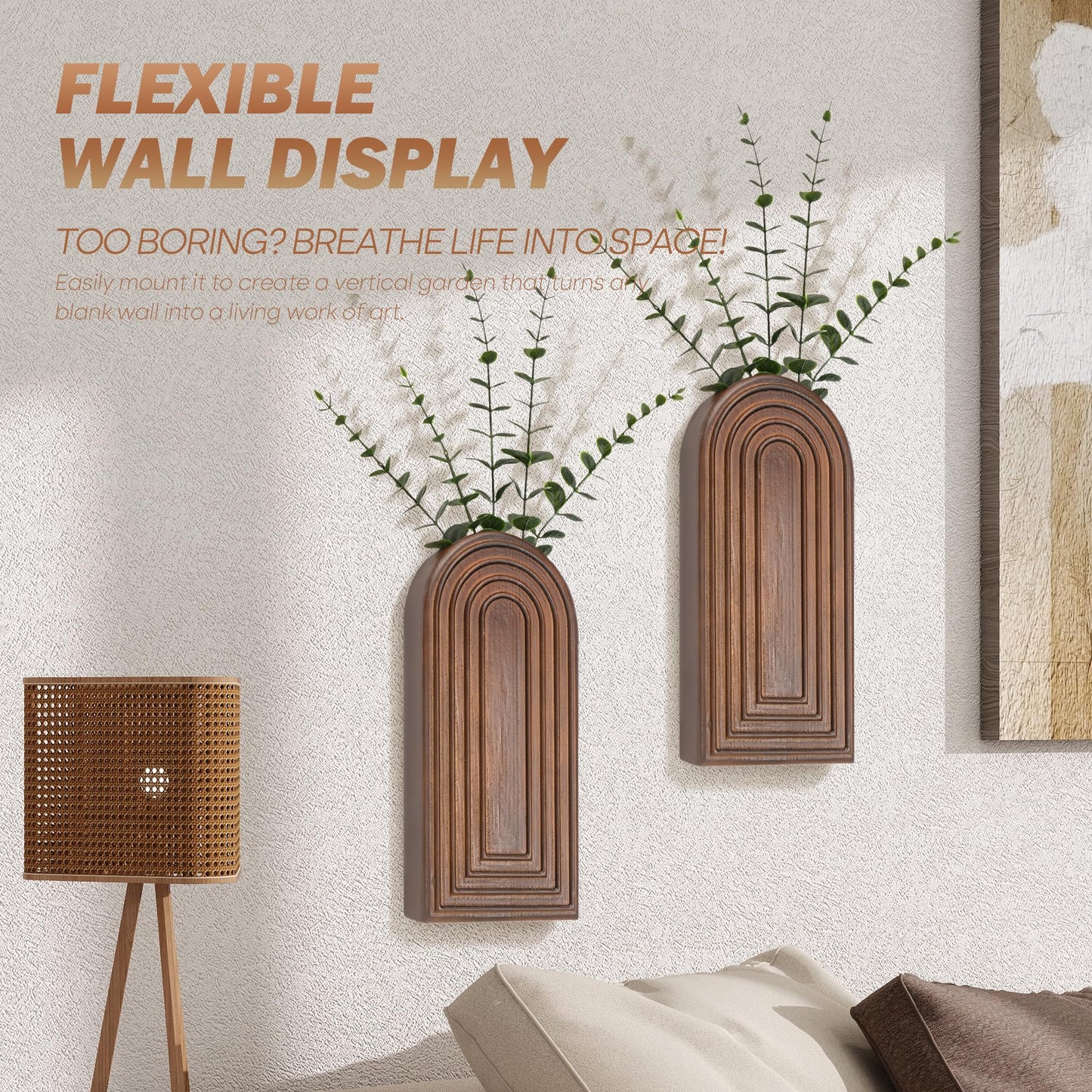 EOSAHR Pine Wood Set of 2 Wall Vases for Indoor Plants & Flowers – Farmhouse Wall Art for Living Room, Office and Home Decor – Hanging Planters with Boho Decor for Fake Plants (Brown)