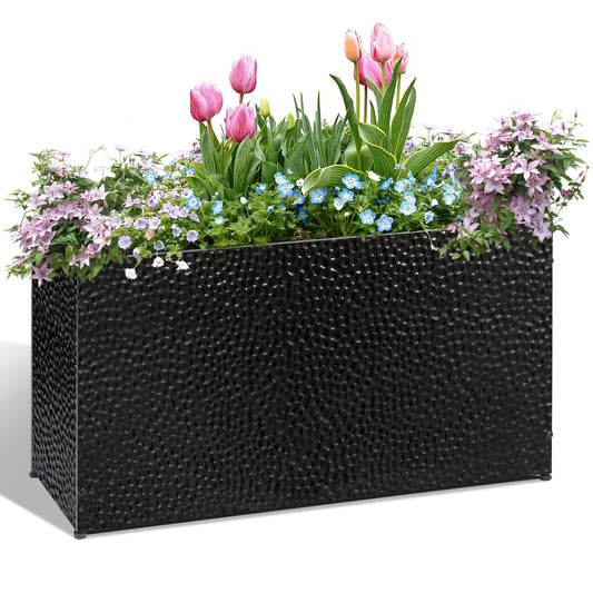BAYN 30x12x16 Inch Rectangular Metal Planter Box – Black Hand-Hammered Metal Planter with Pre-Drill Holes, Heavy Duty Outdoor Garden Planter for Patio, Porch, Yard