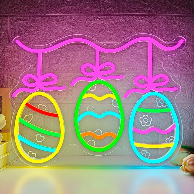 Easter Egg Neon Sign Eggs Decorations LED Sign for Home Dimmable Colorful Easter Light Sign for Bar Office Bedroom Light Up Bunny Sign Eggs Wall Art Festive Gifts for Kids Girls
