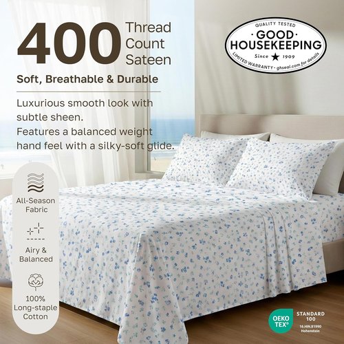 California Design Den King Size Cotton Sheet Set - 100% Soft, 400 TC, Award-Winning Sateen Finish | Floral White/Blue