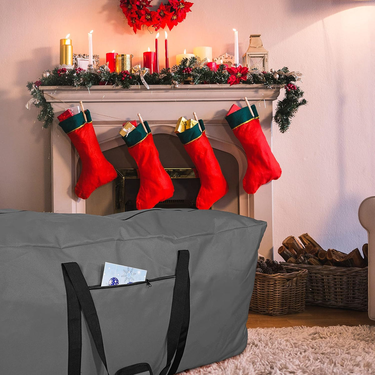 Primode Rolling Tree Storage Bag - Heavy Duty Container with Wheels | Fits Up to 7.5 Ft Holiday Tree, Gray
