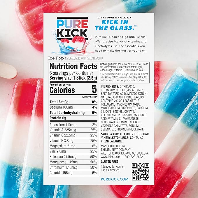 Pure Kick Hydration Singles To Go Drink Mix, Ice Pop, Includes 12 Boxes with 6 Packets in each Box, 72 Total Packets