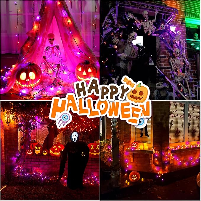 LAMPHOME 33ft Halloween Decorative Mini Lights, 100 LED Green Wire Fairy Starry String Lights Plug in, 16Lighting Modes, for Halloween Decoration Outdoor Party Decoration (Orange and Purple)