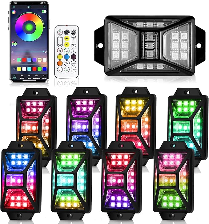 8 Pods Full Angle RGB Rock Lights Compatible with 12V Trucks Jeep UTV SUV ATV Boat Golf Cart, Waterproof, Multi-Color,Brake Light, App/Remote Control Led Rock Lights with Music Mode