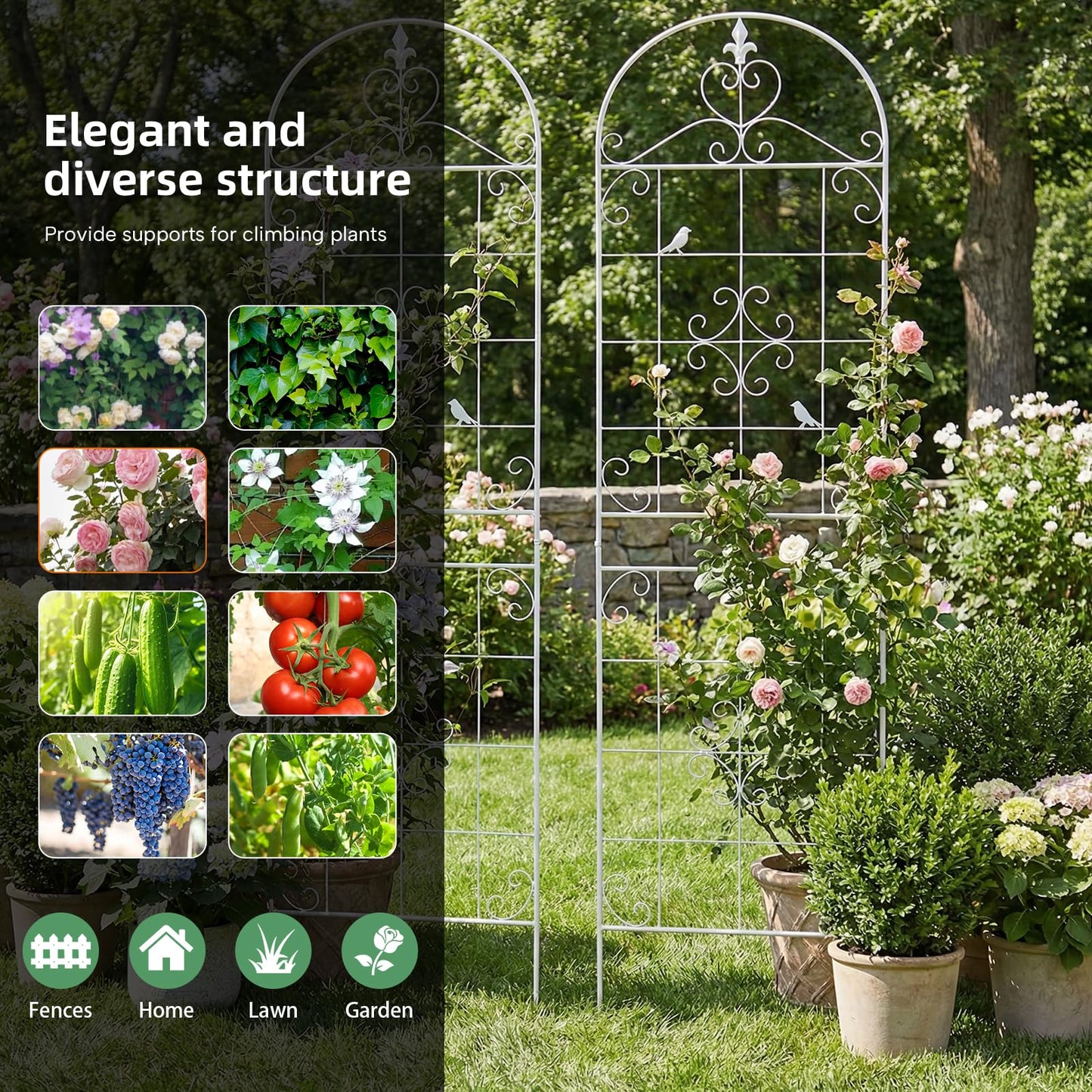 Garden Trellis for Climbing Plants Outdoor, Maidapulu 2 Pack 70.8x19.6 Inch White Metal Trellis - Rustproof Lattice Support Panel with Easy Assembly for Roses, Clematis, Cucumbers, Vegetable Garden