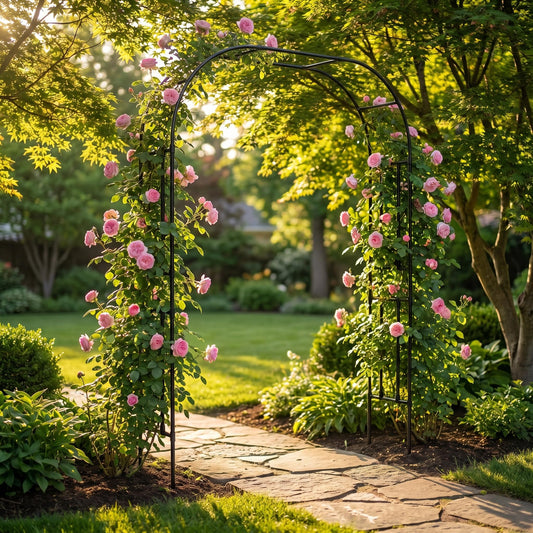 FLOHOVER Garden Arch Trellis, 95.8" H x 70.9" W Garden Arch Arbor for Climbing Plants Outdoor, Lightweight Metal + PE Coated Archway Trellis, Rose Support Frame for Flowers, Black