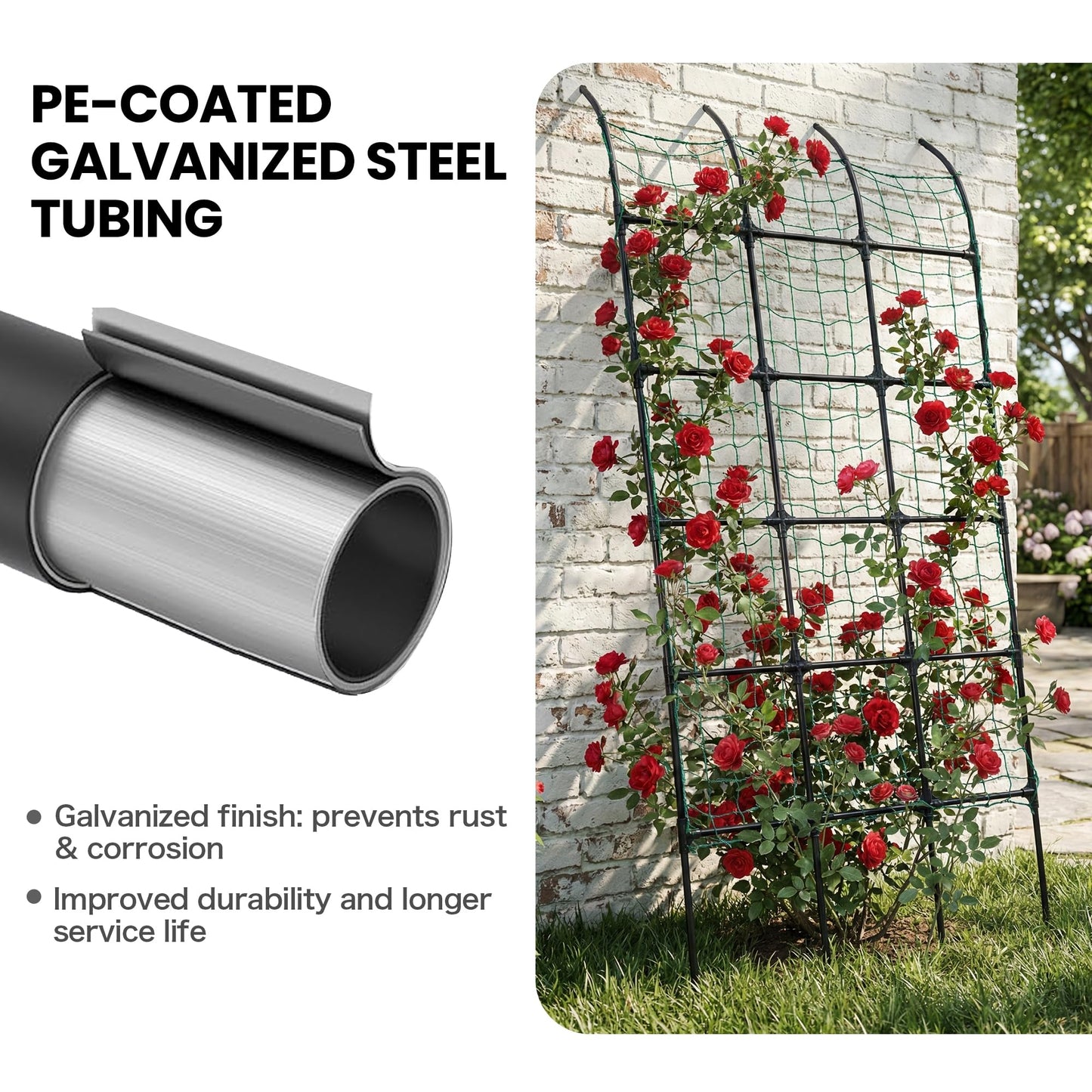 popsea 7.2ft Leaning Garden Trellis, No-Drill Lean-to Design for Climbing Plants | PE-Coated Galvanized Steel Plant Support for Flowers & Vegetables, Rust-Proof & Space-Saving Vertical Gardening