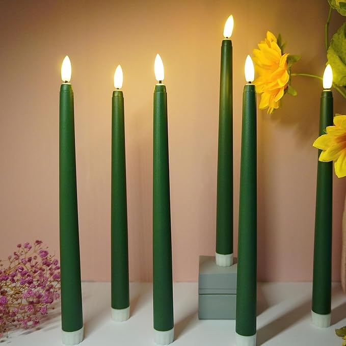 Green Flameless Taper Candles with Remote Timer, Flickering Battery LED Candlesticks Spring Easter Home Decor Set of 12