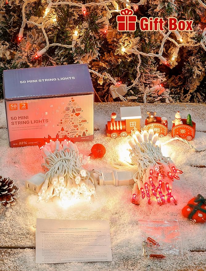 Hopolon Red and Clear Christmas Lights, 2 Pack 13 FT 50 Count Mini String Light Set, White Wire Incandescent Fairy Lights Plug in Connectable for Indoor Outdoor Wedding Birthday Valentine’s Day Decor