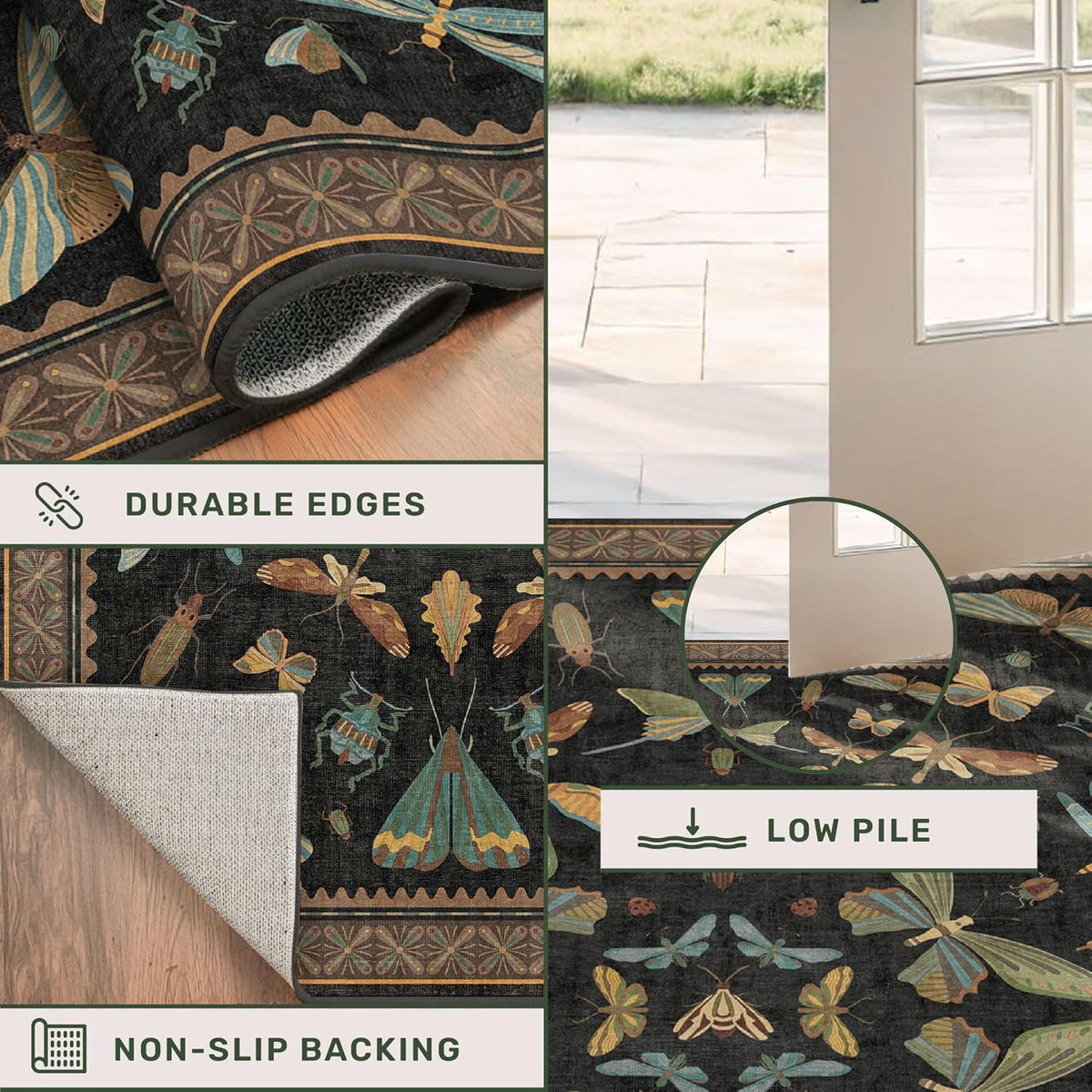 Nature Insect Fantasy | 2x6 Black Entryway Runner Rug - Washable, Non-Slip, Ultra Soft & Stain Resistant