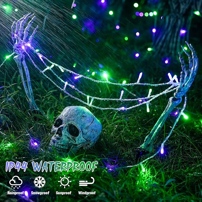 JMEXSUSS 2 Pack Purple and Green Halloween Lights, Total 200 LED 8 Modes Halloween String Lights Plug in, Each 33ft Connectable Christmas Lights Indoor Outdoor for Tree Porch Fireplace Decor