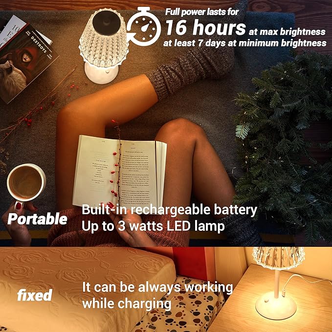 Cordless Table Lamp, 4000mAh Rechargeable Battery Operated Lamp, 3 Color Modes & Stepless Dimmable LED Touch Lamp, Portable Crystal Metal Beside Lamps for Bedroom Restaurant Outdoor(White)