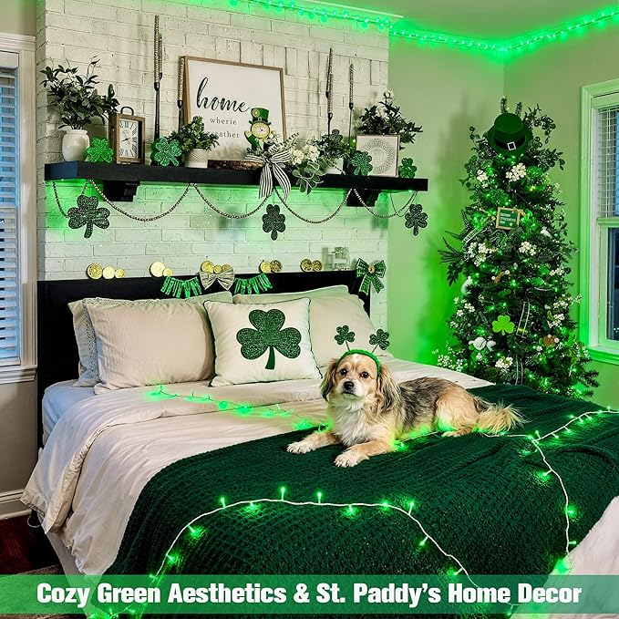 JMEXSUSS 600 LED Green St Patricks Day String Lights, 168Ft Clear Wire Christmas Lights for Indoor Outdoor Tree Yard Party Decor, Plug-in, 8 Mode with Remote