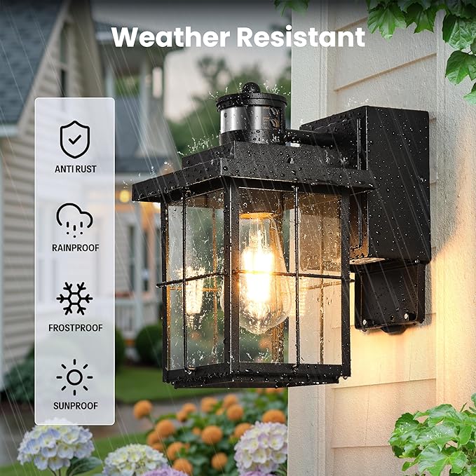 Gleamz Motion Sensor Outdoor Wall Light, Black Porch Light with GFCI Outlet, Waterproof Outdoor Light Fixture with Outlet, Front Door Light with Seeded Glass, Exterior Wall Lantern for Garage, Patio