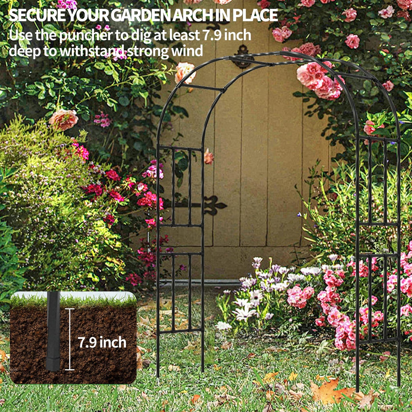 OnlyGarden Garden Arch Trellis, Trellis Arch for Climbing Plants Outdoor, 5FT x 7.9FT Metal Full Garden Arbor, Trellises for Patio Lawn Backyard, Large Garden Archway Decoration Black 59.1" x 94.5in