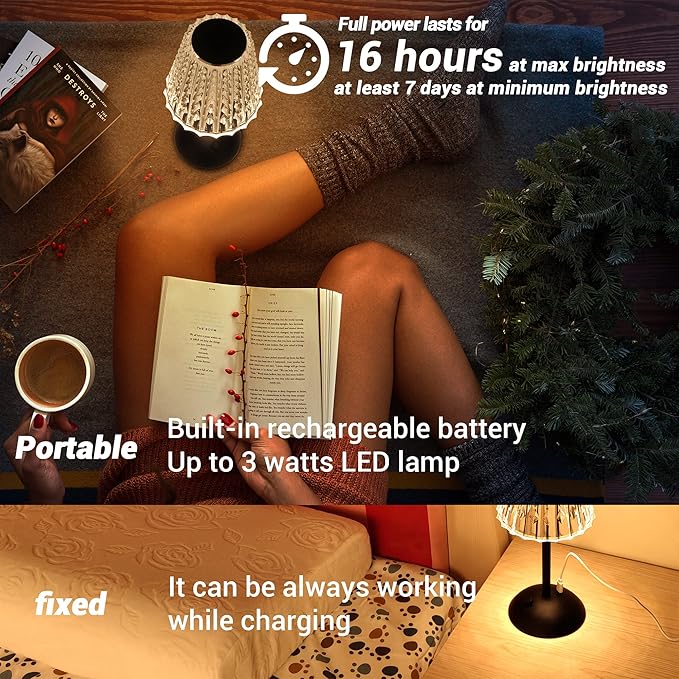 Cordless Table Lamp, 4000mAh Rechargeable Battery Operated Lamp, 3 Color Modes & Stepless Dimmable LED Touch Lamp, Portable Crystal Metal Beside Lamps for Bedroom Restaurant(Black 2 Pack)