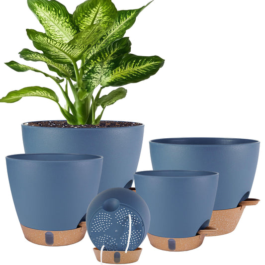Self Watering Pots for Inoor Ourdoor Plants 10/9/8/7/6.5 Inch Plastic Planters with Drainage Holes & Water Level Indicator, Decorative House Flower Nursery Planting Pots with Saucers (Navy Blue)