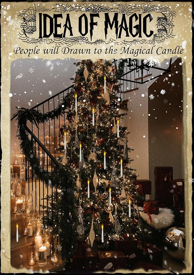 Floating Candles with Wand, 12PCs Magic Hanging Candles with 13 AAA Battery, Flickering Warm Light Flameless LED Candle with Wand Remote, Window Taper Candle Set for Christmas Gift Theme Party