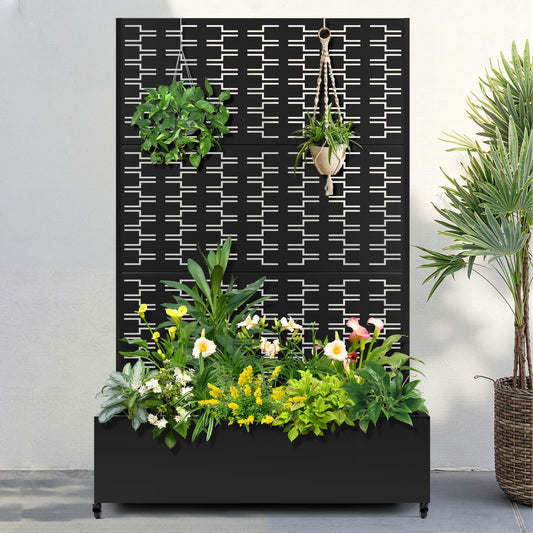 FENCY Metal Raised Garden Bed with Wheels and Trellis,73"x47"x16" Planter Box for Climbing Plants, Vegetables & Vines, Features Privacy Screen and Drainage Holes (Black-Brick)