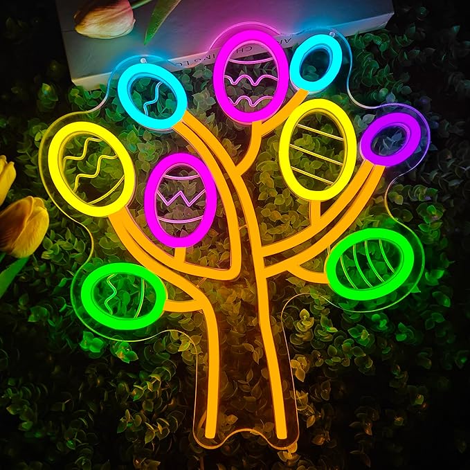 Easter Neon Sign for Wall Decor Easter Egg Tree Neon Light Egg Trees Led Sign Easter Decorations Dimmable Eggs Light Up Signs for Window Party Gifts Bedroom Holiday Spring Bar Home Business