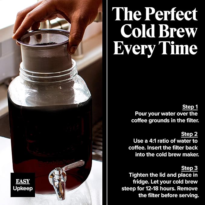 Willow & Everett Cold Brew Coffee & Iced-Tea Maker Pitcher, 1 Gal Glass Dispenser w/Metal Spigot & Mesh Filter Iced Coffee & Sun Tea Brewing System
