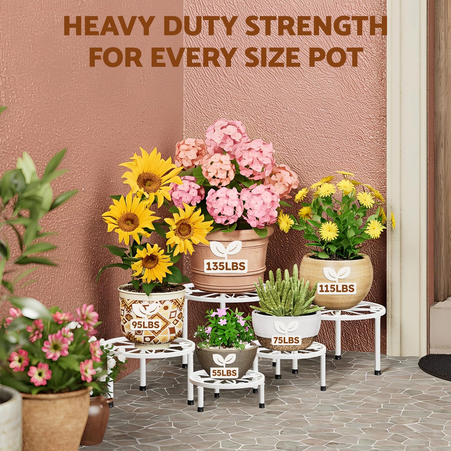 NQW 5 Pack Plant Stand Indoor Outdoor,Heavy Duty Black Iron Potted Stand Holder,Anti-Rust Iron Flower Pot Stand Decoration Racks Plant Display Shelf for Living Room, Garden, Balcony(WhiteS)
