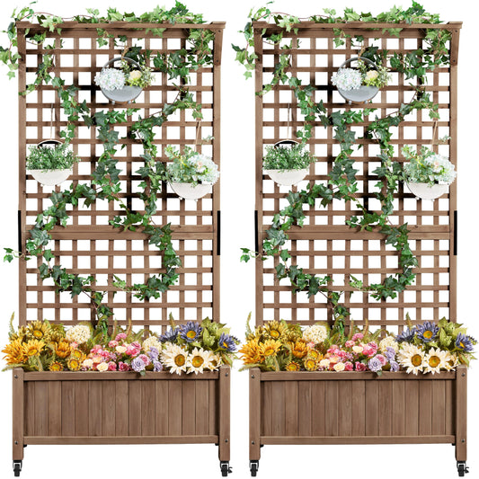 Yaheetech 72" H Garden Planter with Trellis for Vine Climbing Horticultural Plants, Outdoor Raised Box with Drainage Holes, Raised Garden Bed for Flowers, Dark Brown, 2pcs