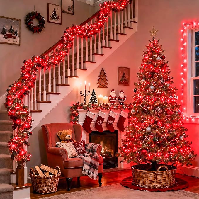 JMEXSUSS 400 LED Red Christmas Lights Indoor Outdoor, 132ft String Lights Plug in with Remote, 8 Modes Twinkle Fairy Light for Tree Room Bedroom Fireplace Patio Party Christmas Decor
