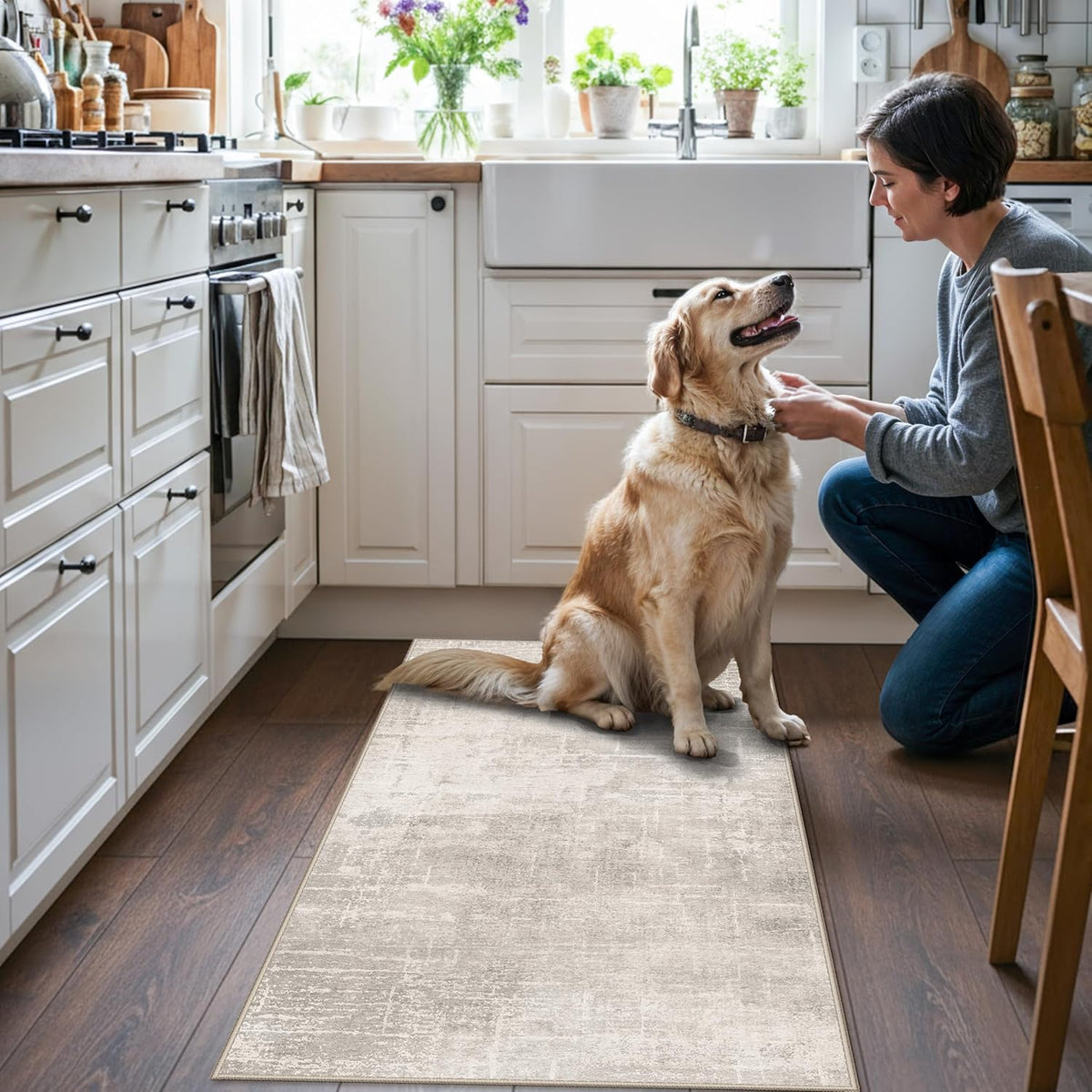 Skiennix Washable Area Rug - Abstract Water-Resistant Non-Slip Doormat | Ultra Soft 2x4 Beige/Cream